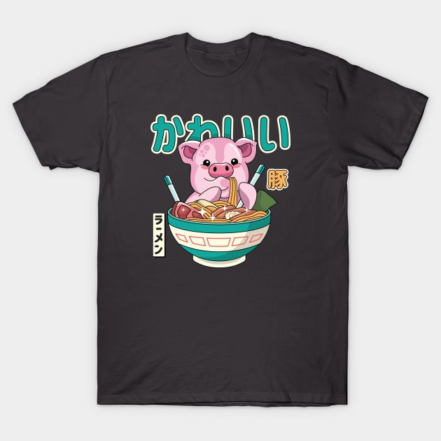 Kawaii Pig Enjoying Ramen T-Shirt by spacedowl